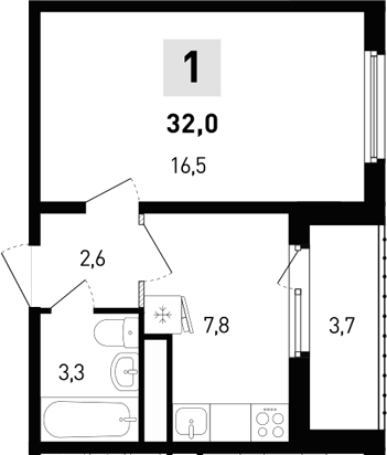 Планировка 1-комнатная 32 м²