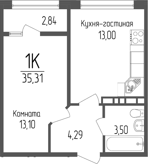 Планировка: 1-комн. квартира 35,3 м²
