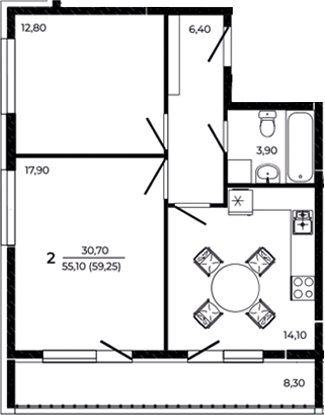 Планировка 2-комнатная 59,25 м²