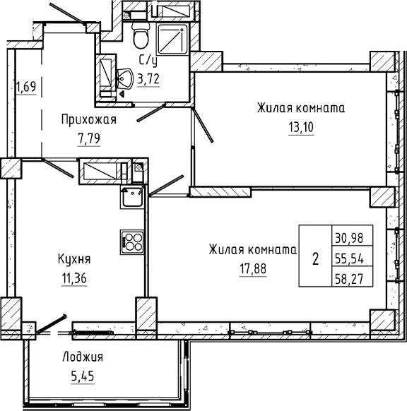 Планировка 2-комнатная 58,27 м²