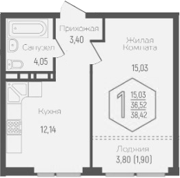 Планировка 1-комнатная 37,6 м²