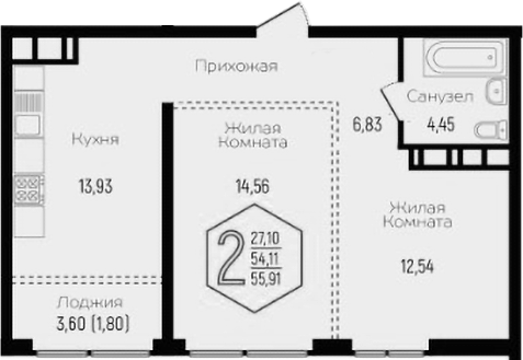 Планировка 2-комнатная 55,5 м²