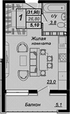 Планировка Студия 34,3 м²