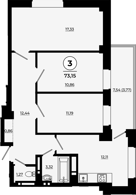 Планировка 3-комнатная 72,74 м²