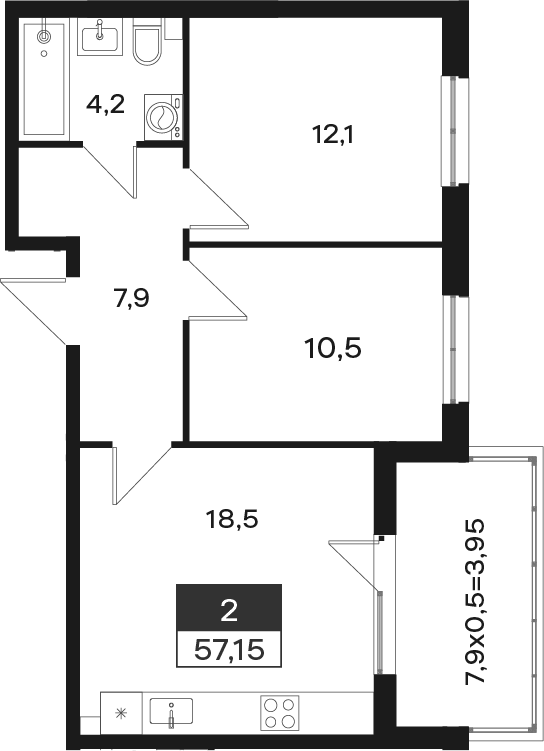 Планировка 2-комнатная 57,15 м²