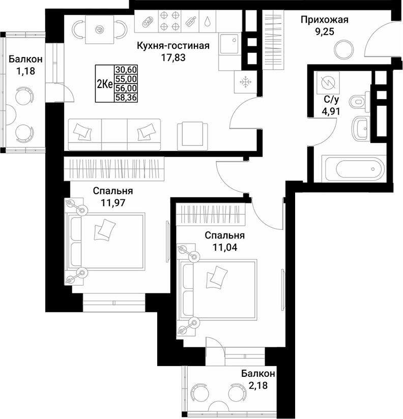 Планировка 2-комнатная 56 м²