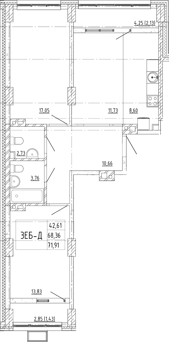 Планировка 3-комнатная 71,91 м²