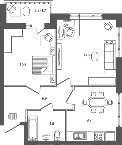 Планировка 2-комнатная 47,6 м²