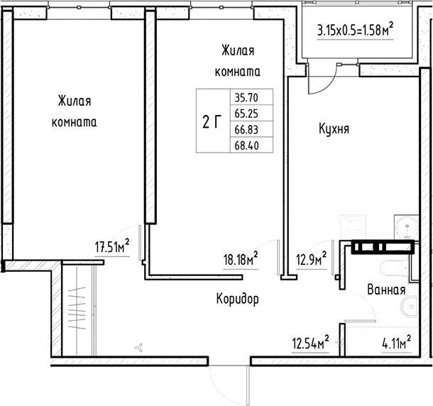 Планировка 2-комнатная 67,91 м²