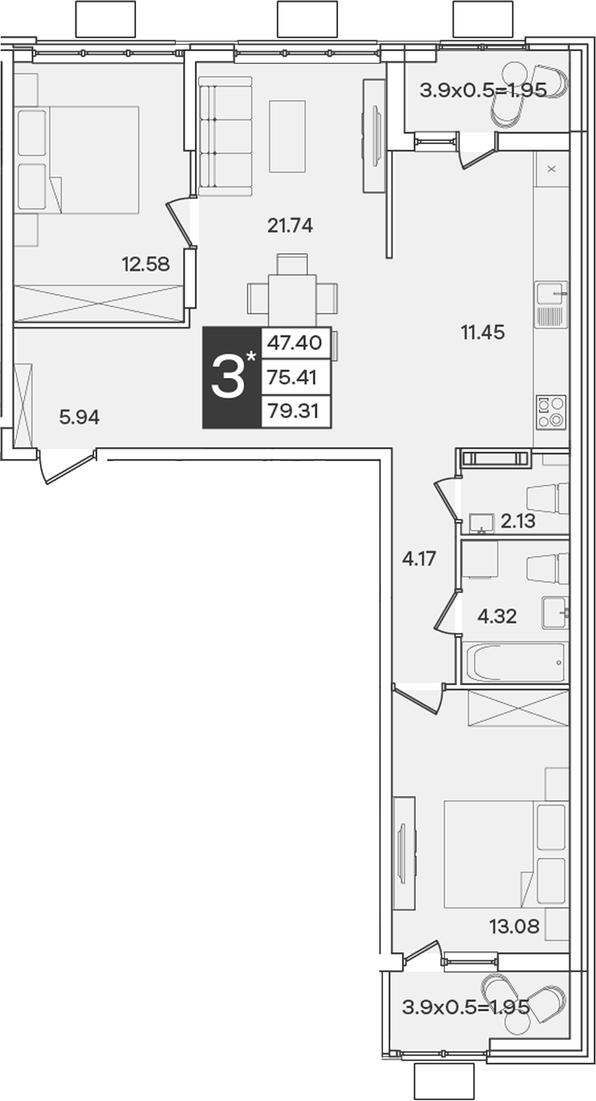 Планировка 3-комнатная 79,31 м²