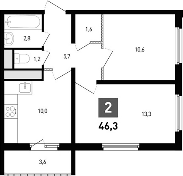 Планировка 2-комнатная 46,3 м²