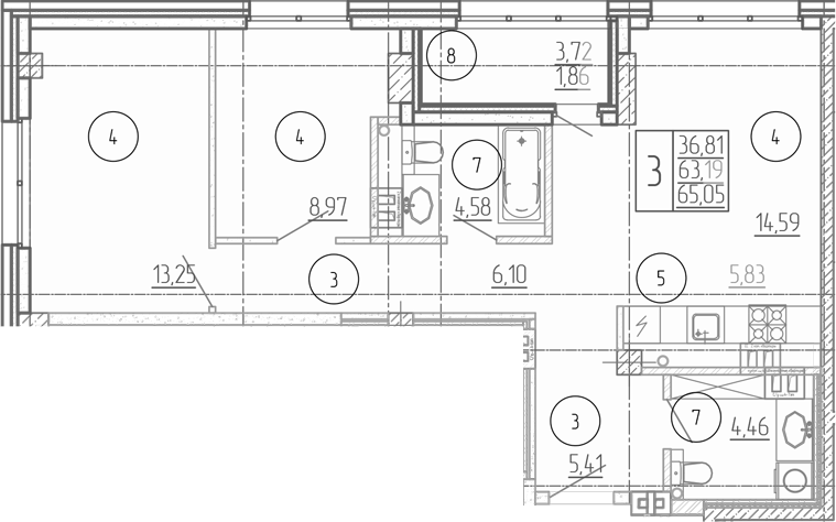Планировка 3-комнатная 65,05 м²
