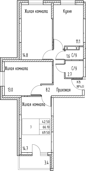 Планировка 3-комнатная 69,5 м²