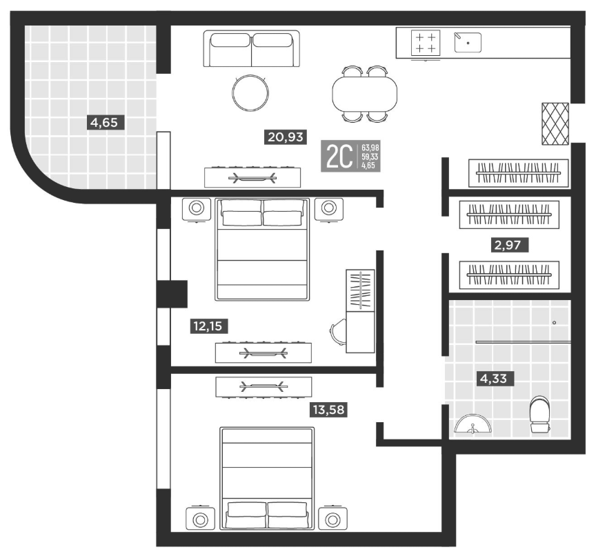 Планировка 2-комнатная 63,98 м²