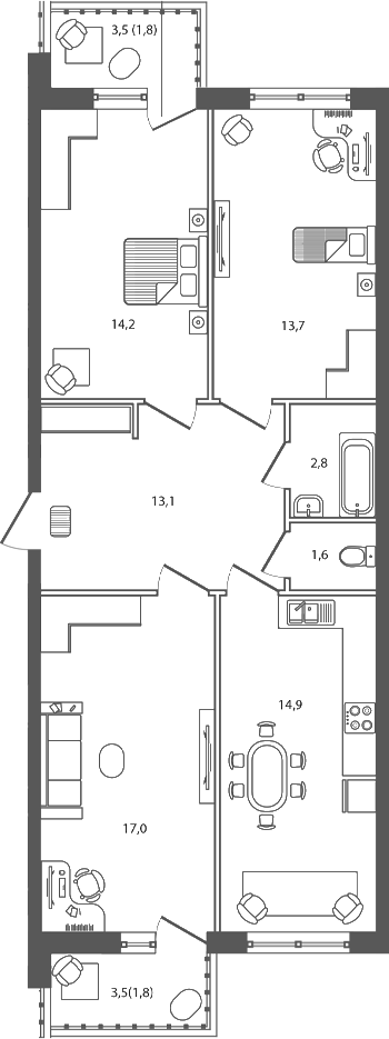 Планировка: 3-комн. квартира 80,9 м²