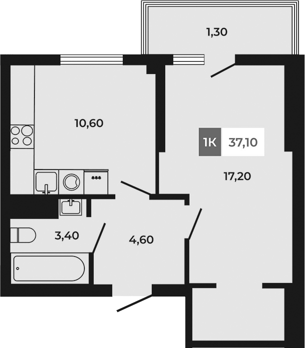 Планировка 1-комнатная 37,1 м²