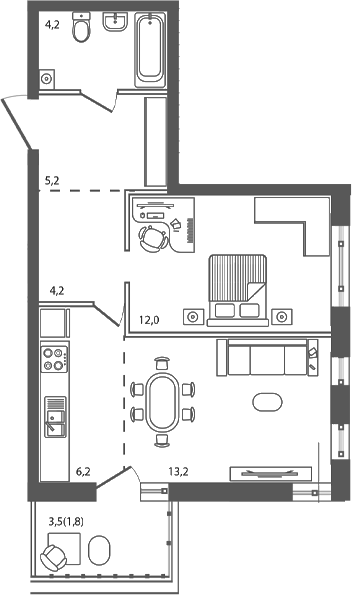 Планировка 2-комнатная 46,8 м²