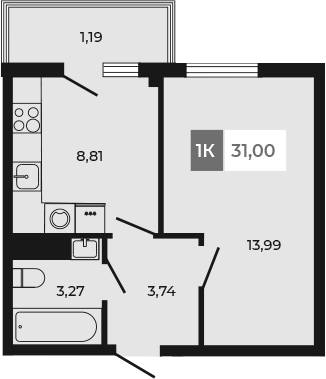 Планировка 1-комнатная 31 м²