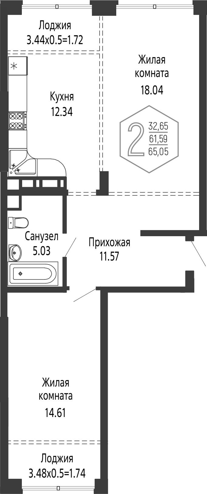 Планировка 2-комнатная 65,05 м²
