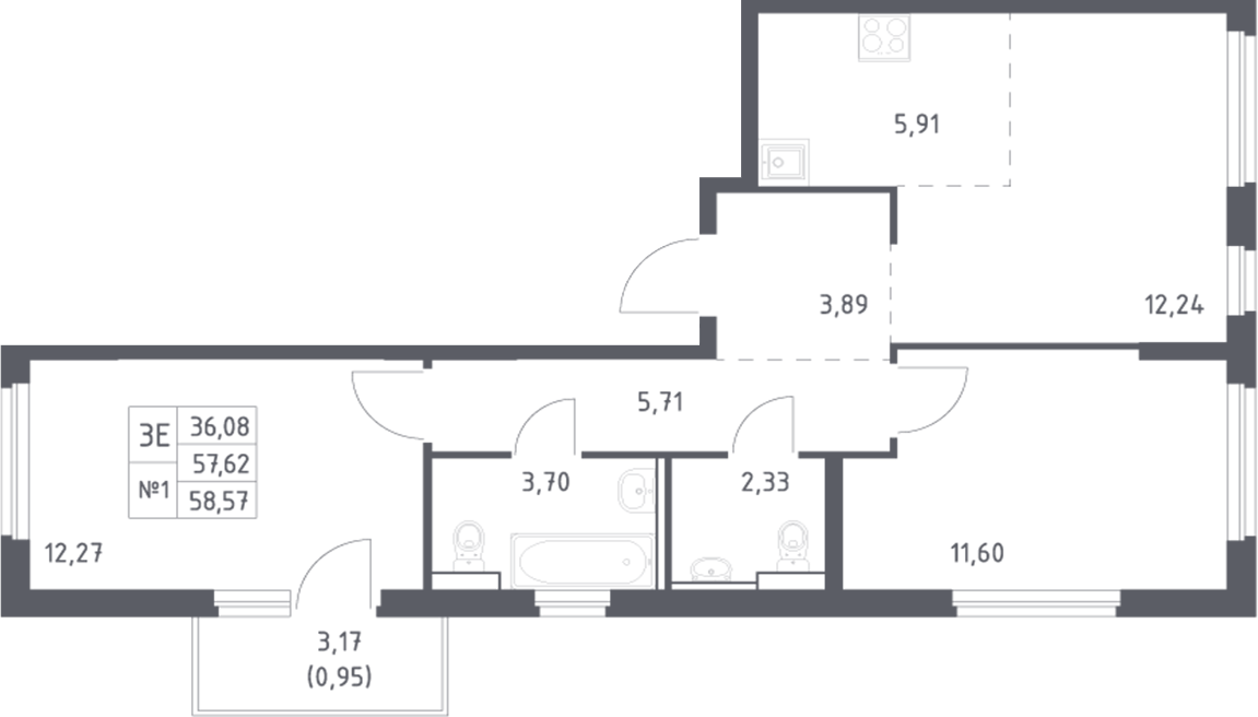 Планировка 3-комнатная 58,57 м²