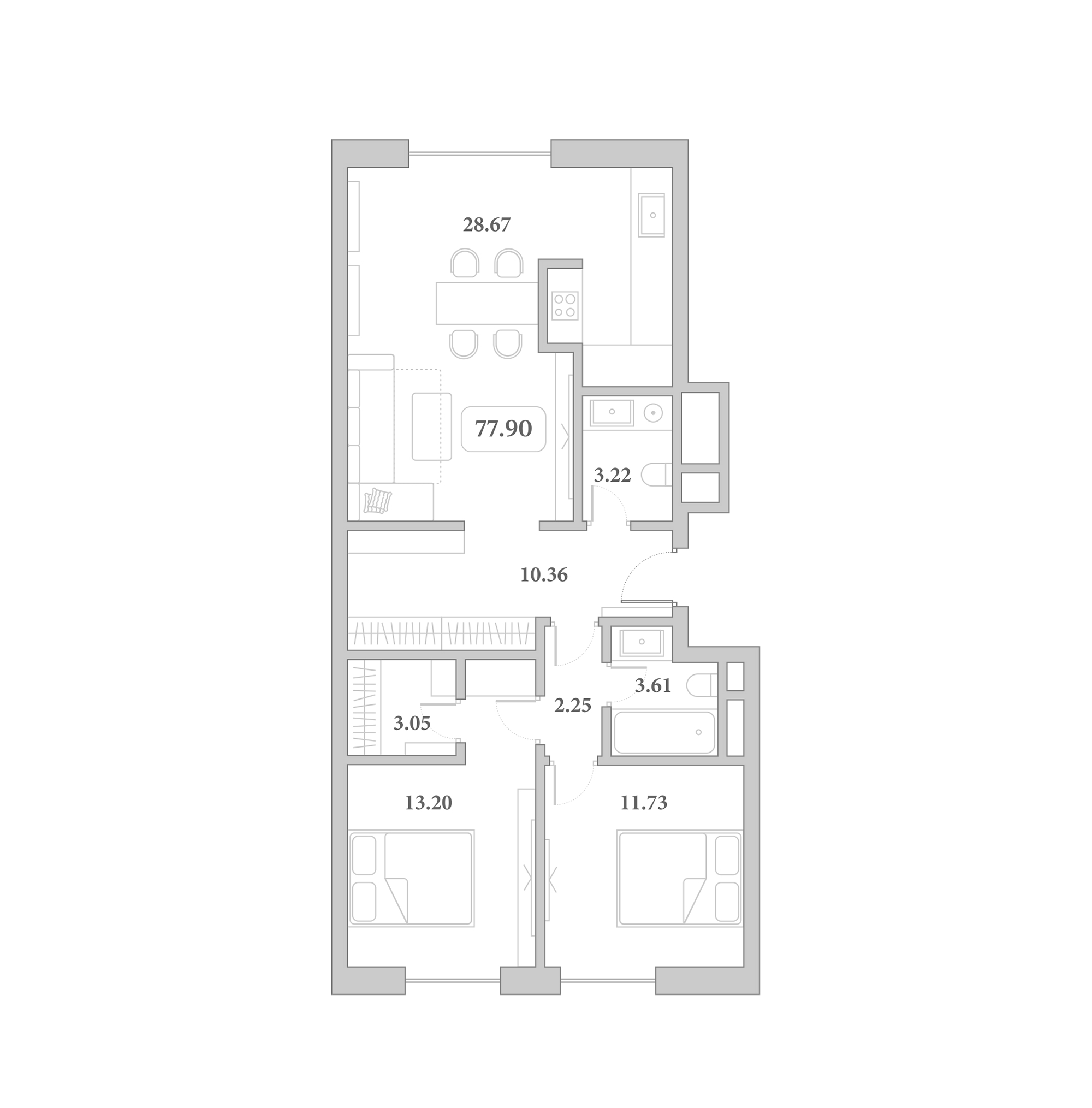 Планировка 3-комнатная 77,9 м²