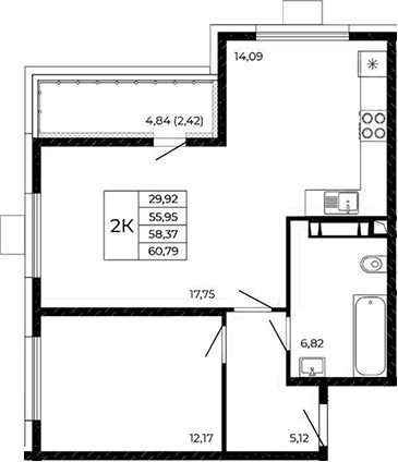 Планировка 2-комнатная 60,79 м²