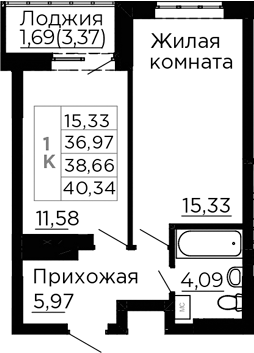 Планировка 1-комнатная 38,66 м²