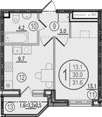 Планировка: 1-комн. квартира 31,6 м²