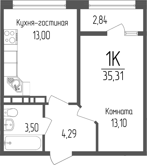 Планировка 1-комнатная 35,31 м²