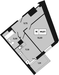 Планировка 1-комнатная 44,61 м²