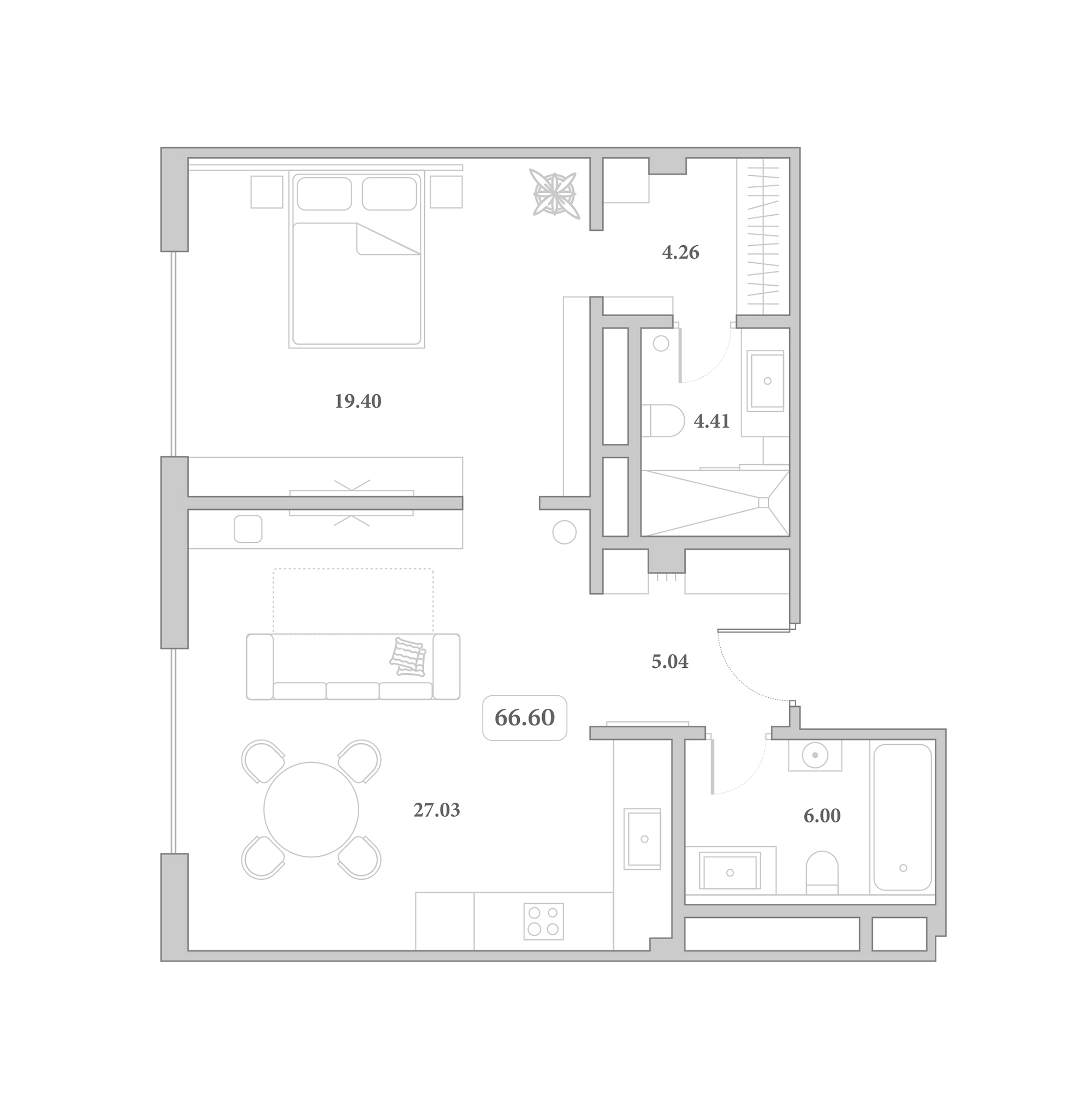Планировка 2-комнатная 66,6 м²