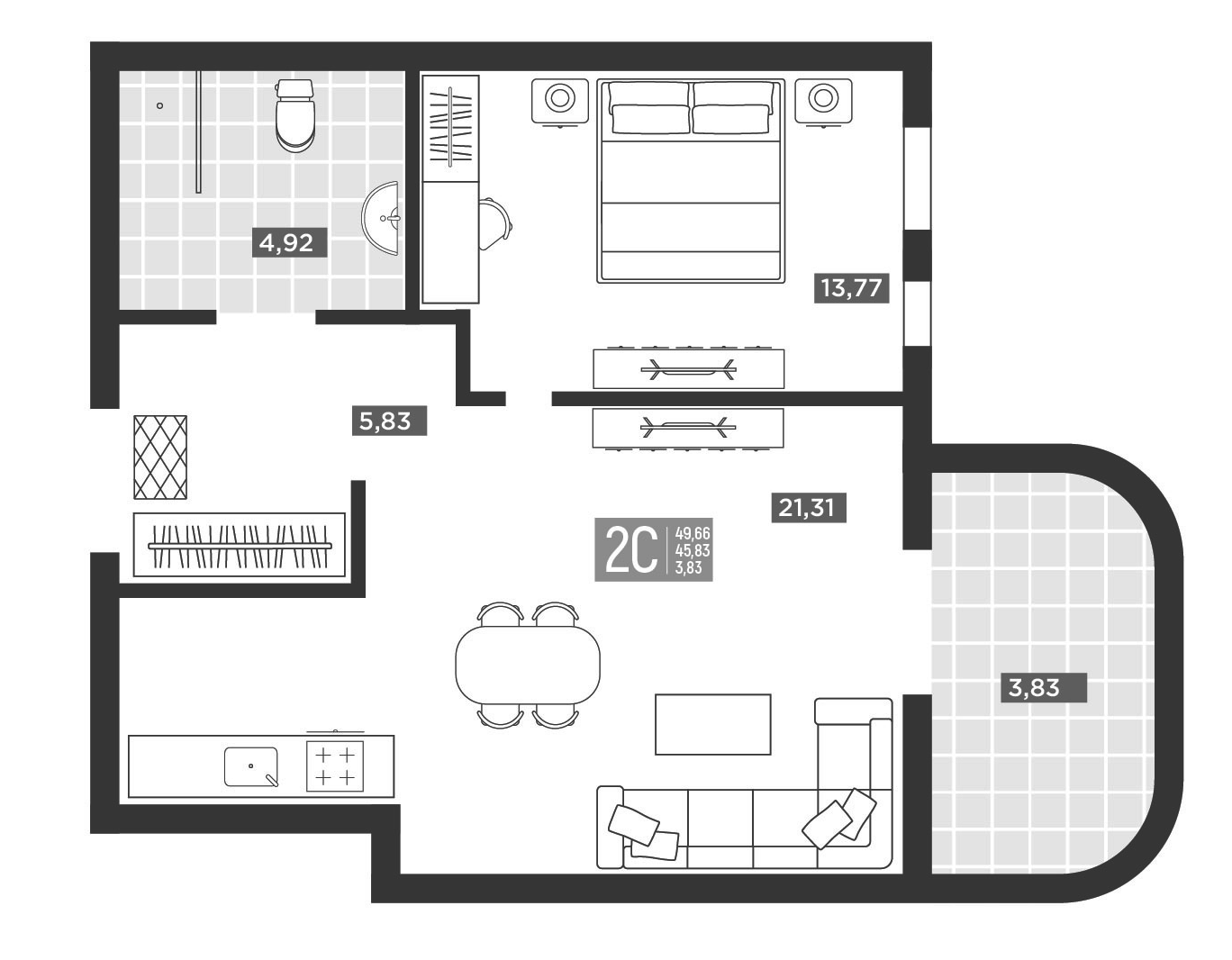 Планировка 1-комнатная 49,66 м²