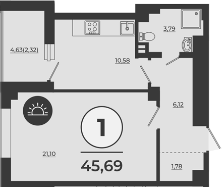 Планировка 1-комнатная 45,24 м²