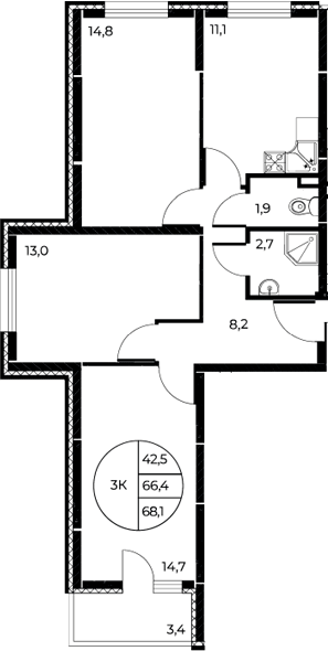 Планировка 3-комнатная 68,1 м²