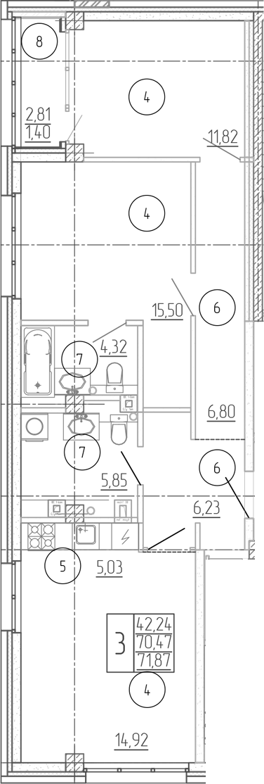 Планировка 3-комнатная 71,87 м²