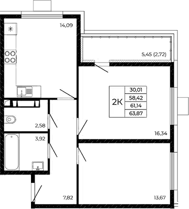 Планировка 2-комнатная 63,87 м²