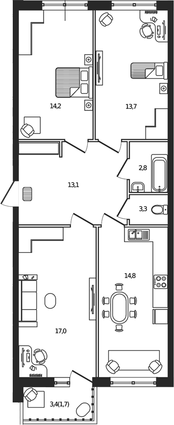 Планировка: 3-комн. квартира 79 м²
