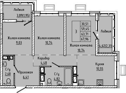 Планировка 3-комнатная 63,71 м²