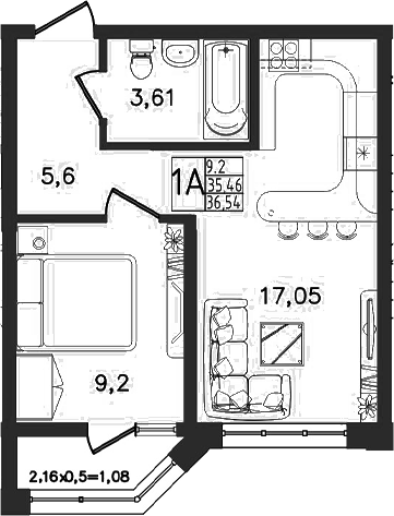 Планировка: 2-комн. квартира 36,5 м²