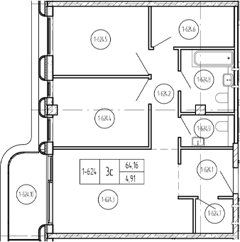 Планировка 3-комнатная 69,02 м²