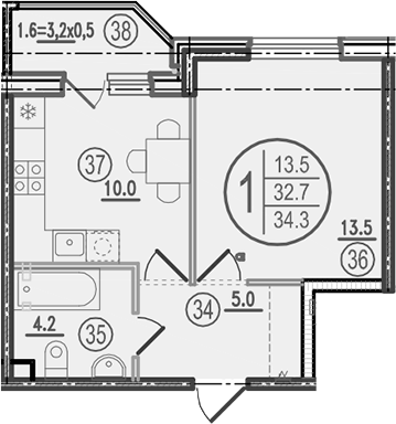 Планировка: 1-комн. квартира 34,3 м²