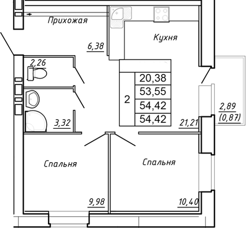 Планировка 2-комнатная 54,42 м²