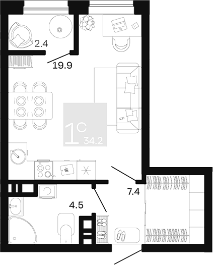 Планировка Студия 34,2 м²