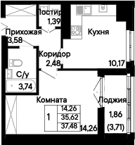 Планировка 1-комнатная 37,42 м²