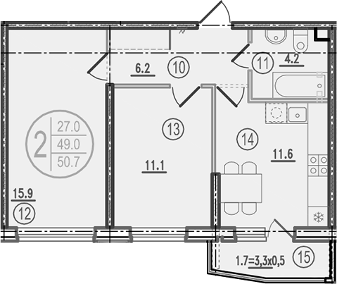 Планировка 2-комнатная 50,7 м²