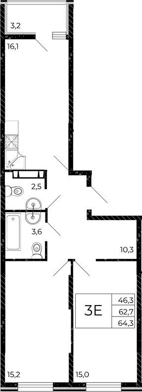 Планировка 3-комнатная 64,3 м²