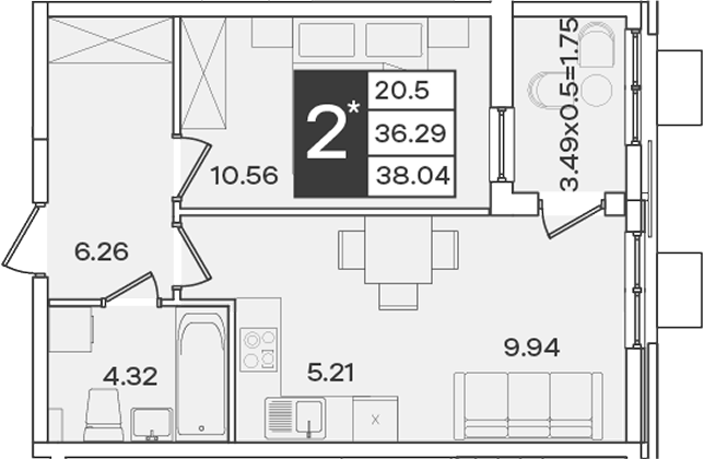 Планировка 2-комнатная 38,04 м²