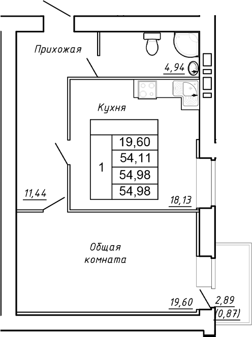 Планировка 1-комнатная 54,98 м²