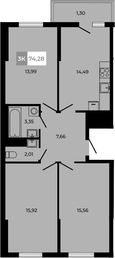 Планировка 3-комнатная 74,28 м²