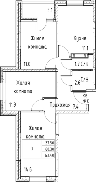 Планировка 3-комнатная 63,6 м²